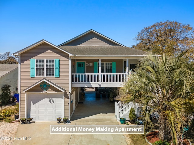 raised beach house featuring a porch, driveway, a garage, and roof with shingles
