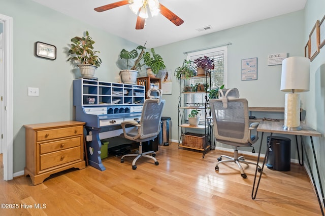 office with baseboards, visible vents, ceiling fan, and wood finished floors