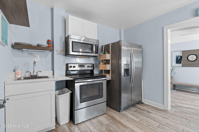 kitchen featuring open shelves, a sink, light wood finished floors, white cabinets, and appliances with stainless steel finishes