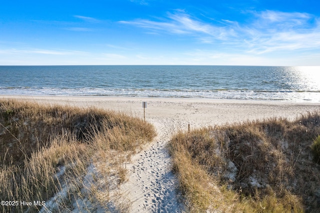 property view of water featuring a beach view