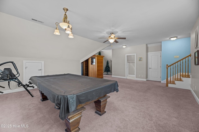 playroom with baseboards, visible vents, lofted ceiling, pool table, and light carpet