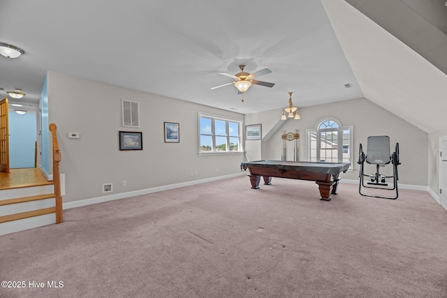 rec room with a healthy amount of sunlight, visible vents, carpet floors, and baseboards