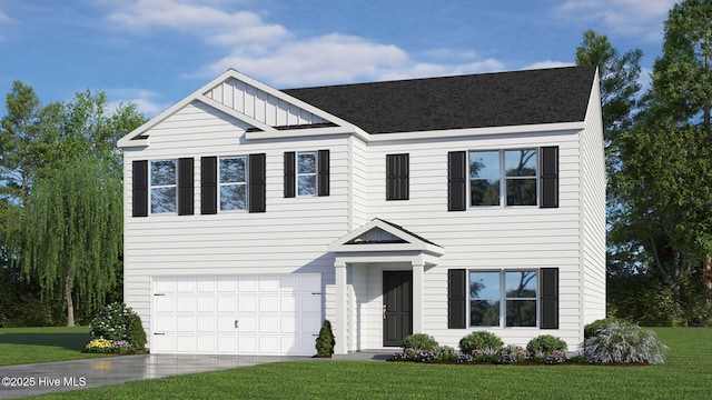 view of front of property with a garage, driveway, board and batten siding, and a front lawn