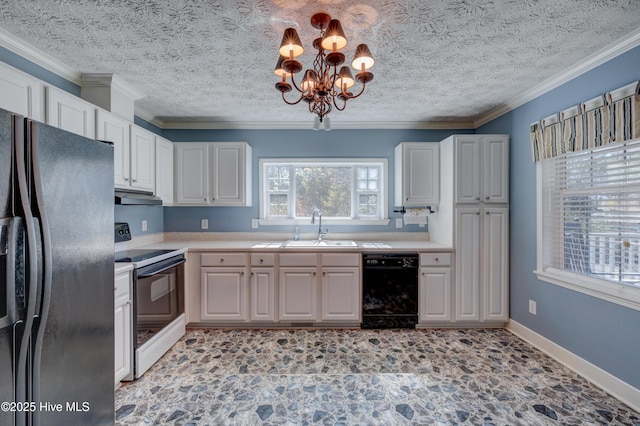 kitchen featuring crown molding, under cabinet range hood, light countertops, black appliances, and a sink