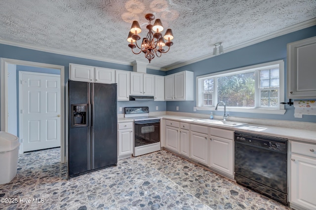 kitchen with a sink, black appliances, and crown molding