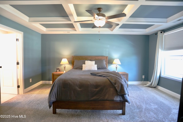 carpeted bedroom featuring beamed ceiling, coffered ceiling, and baseboards