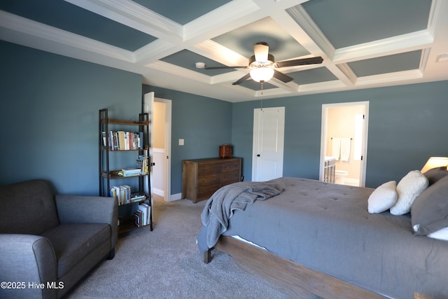 bedroom featuring beam ceiling, coffered ceiling, ceiling fan, and carpet flooring