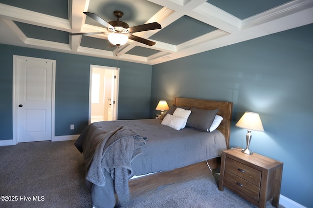 bedroom featuring ceiling fan, carpet, baseboards, beam ceiling, and coffered ceiling