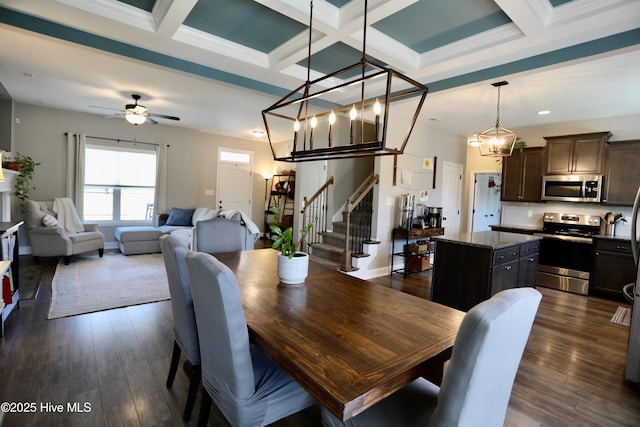 dining area with dark wood finished floors, beam ceiling, coffered ceiling, and a ceiling fan