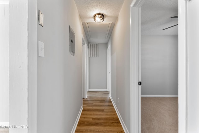 hallway featuring visible vents, baseboards, attic access, electric panel, and a textured ceiling