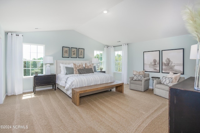 carpeted bedroom featuring baseboards and lofted ceiling