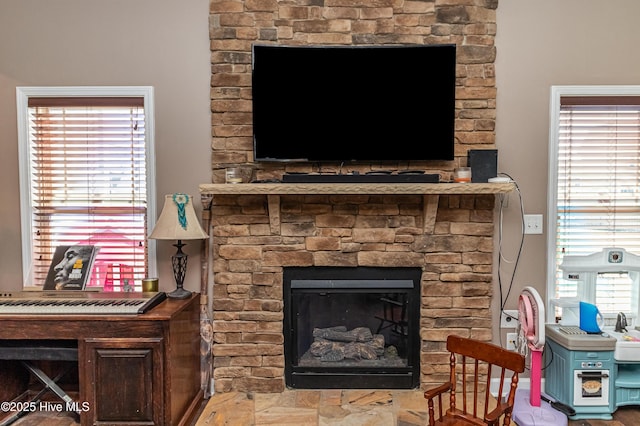 interior details with a fireplace