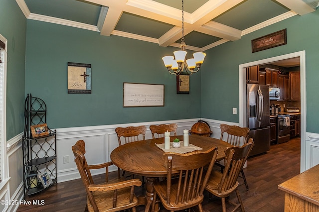 dining area featuring an inviting chandelier, dark wood-type flooring, coffered ceiling, and wainscoting