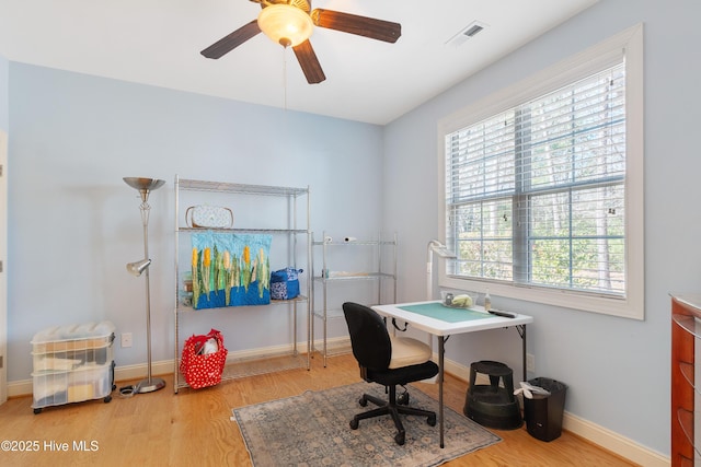 home office featuring a ceiling fan, wood finished floors, visible vents, and baseboards