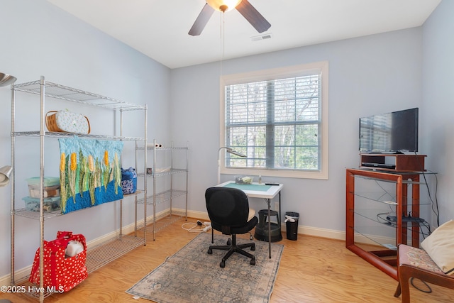 office area featuring visible vents, ceiling fan, baseboards, and wood finished floors