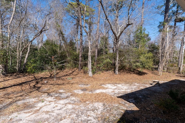 view of yard featuring a forest view