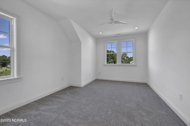 spare room with a ceiling fan, visible vents, baseboards, carpet floors, and recessed lighting