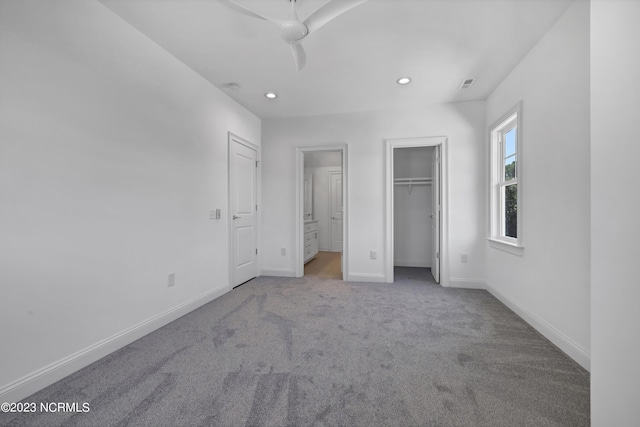 unfurnished bedroom with visible vents, a ceiling fan, recessed lighting, carpet, and baseboards