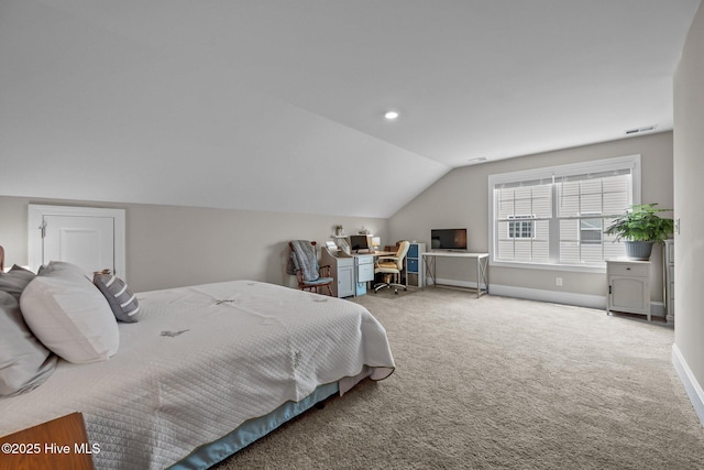 carpeted bedroom with lofted ceiling, recessed lighting, baseboards, and visible vents