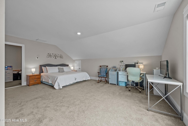 carpeted bedroom with visible vents, recessed lighting, baseboards, and vaulted ceiling