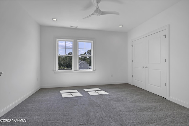 unfurnished bedroom with visible vents, recessed lighting, baseboards, and carpet floors