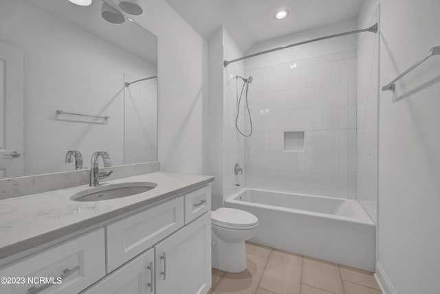 full bath featuring toilet, recessed lighting, tile patterned flooring, bathing tub / shower combination, and vanity