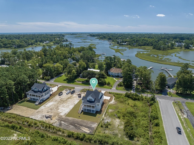 bird's eye view featuring a water view and a wooded view