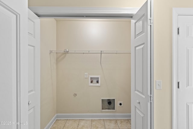 laundry room featuring baseboards, hookup for an electric dryer, laundry area, light tile patterned flooring, and washer hookup