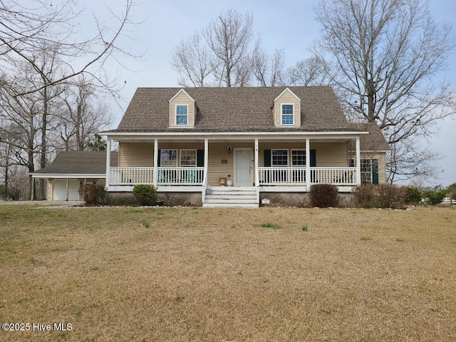 cape cod home featuring a porch, a front lawn, and roof with shingles