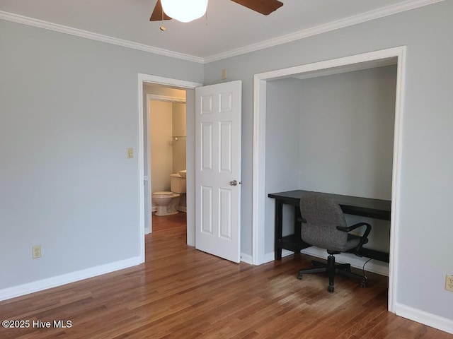 home office featuring crown molding, wood finished floors, baseboards, and ceiling fan