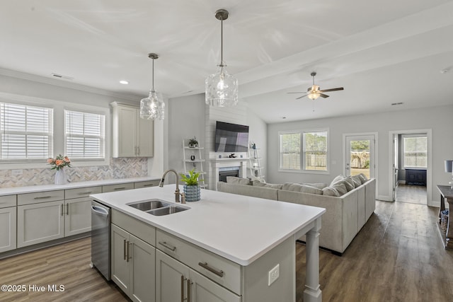 kitchen featuring a sink, open floor plan, decorative backsplash, dark wood-style floors, and stainless steel dishwasher