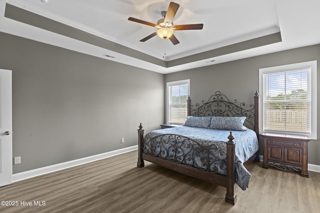 bedroom with baseboards, a raised ceiling, and wood finished floors