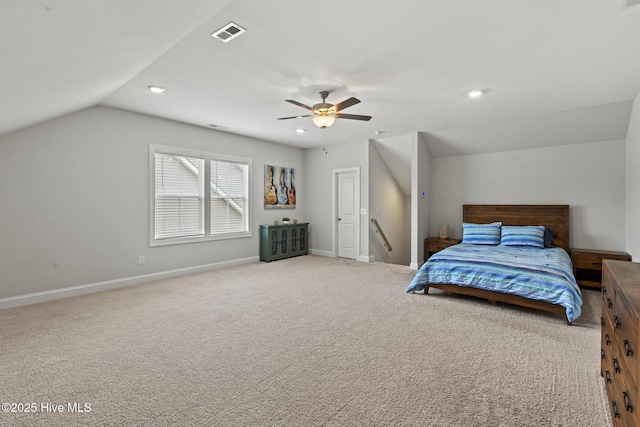 carpeted bedroom featuring a ceiling fan, baseboards, visible vents, recessed lighting, and vaulted ceiling