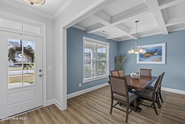 dining area featuring wood finished floors, baseboards, beam ceiling, and a chandelier