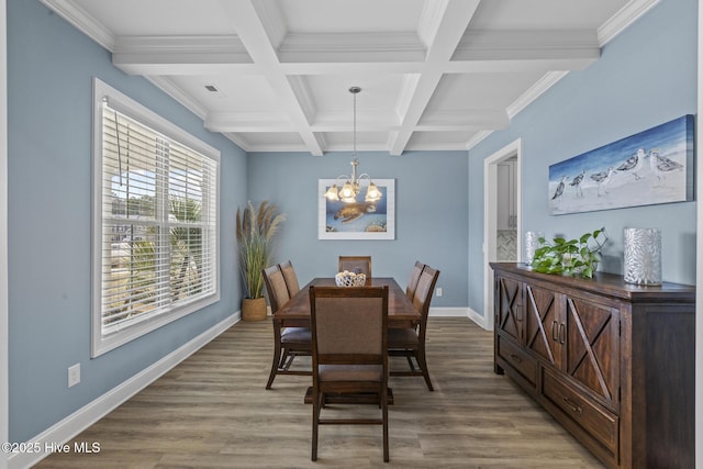 dining space featuring an inviting chandelier, beamed ceiling, wood finished floors, and baseboards