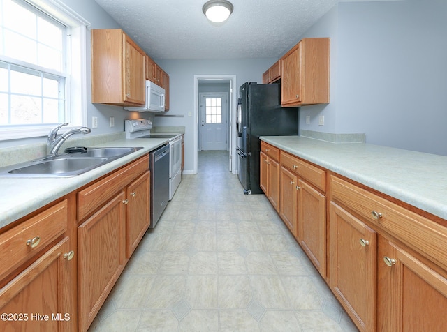 kitchen with a sink, electric range oven, freestanding refrigerator, light countertops, and dishwasher