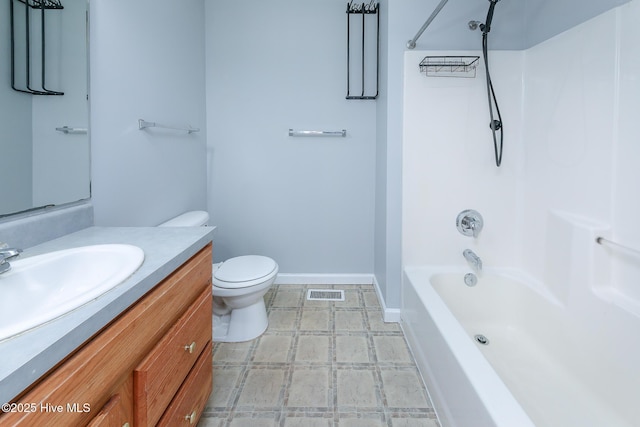 full bathroom featuring vanity, baseboards, visible vents, tile patterned floors, and toilet