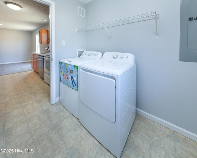 laundry room featuring visible vents, laundry area, electric panel, a sink, and independent washer and dryer