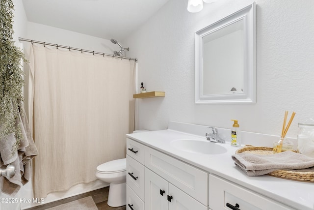 bathroom featuring toilet, wood finished floors, vanity, and a textured wall