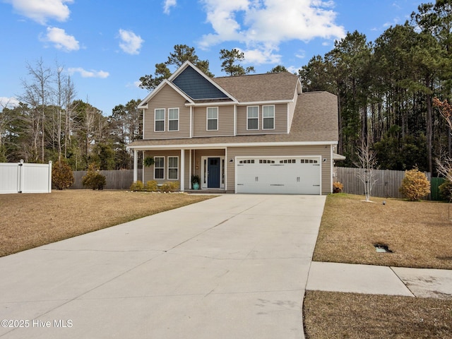 view of front of home featuring driveway, a porch, fence, roof with shingles, and a garage