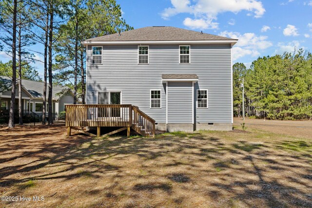 747 Warbler Pl, Vass, NC 28394 - back of house featuring a deck, fence, a shingled roof, and crawl space