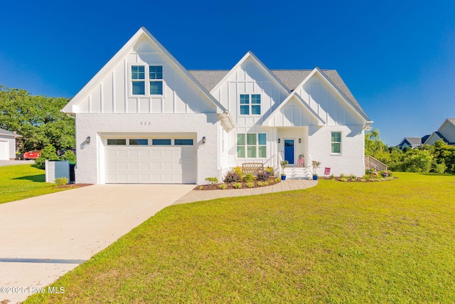 111 E Magens Ct, Cedar Point, NC 28584 - modern farmhouse style home featuring board and batten siding, an attached garage, driveway, and a front yard