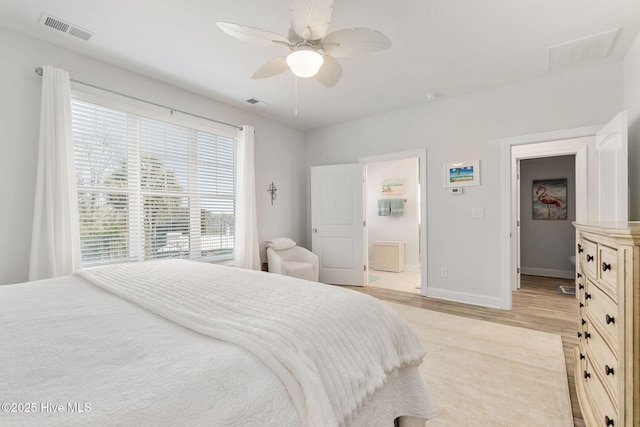 bedroom with visible vents, baseboards, light wood-style floors, and a ceiling fan