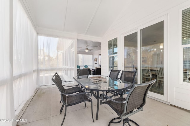 111 E Magens Ct, Cedar Point, NC 28584 - sunroom / solarium featuring outdoor dining space, lofted ceiling, a ceiling fan, and wood finished floors