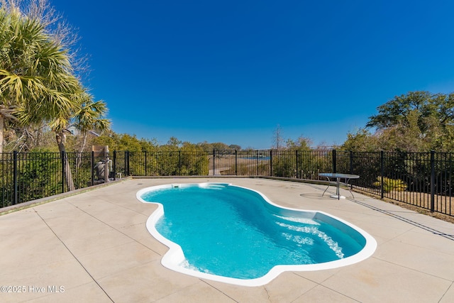 view of pool with a patio area, a fenced in pool, and fence