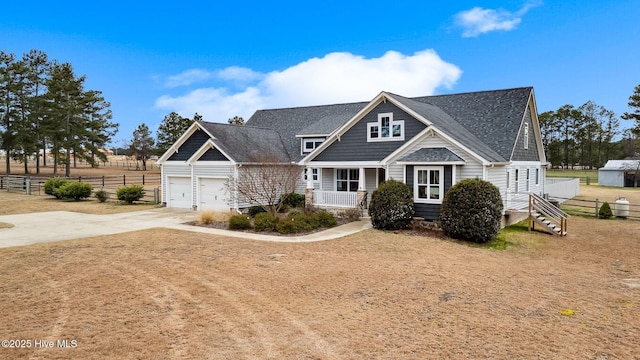 view of front of house featuring concrete driveway, roof with shingles, and fence