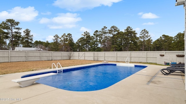 view of pool featuring a patio, a fenced backyard, and a fenced in pool