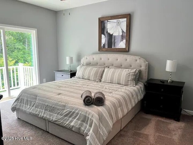 bedroom featuring access to exterior and carpet flooring