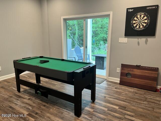 rec room with pool table, baseboards, and wood finished floors