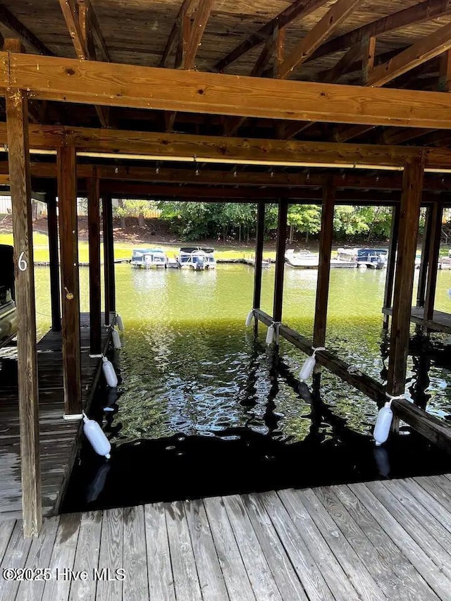 view of dock featuring boat lift and a water view